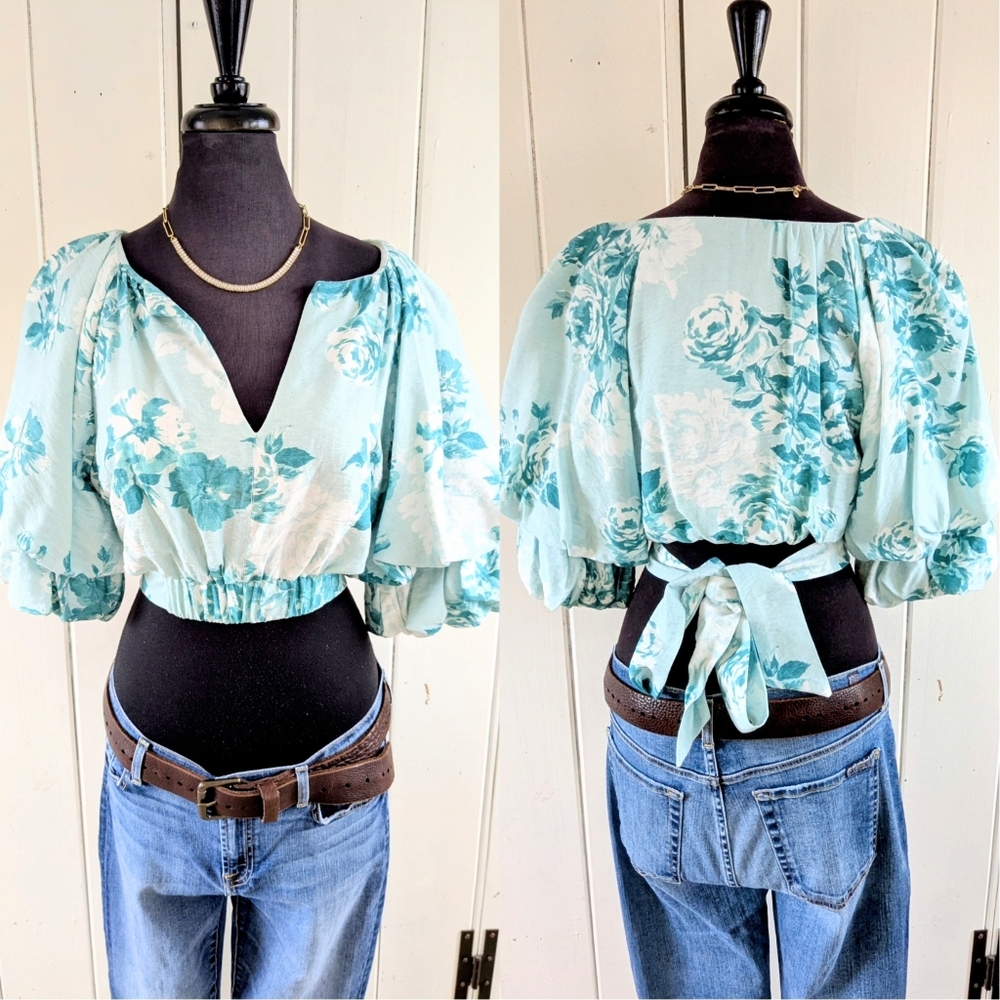 DO+BE Aqua Floral Puff-Sleeve Tie-Back Crop Top sz M